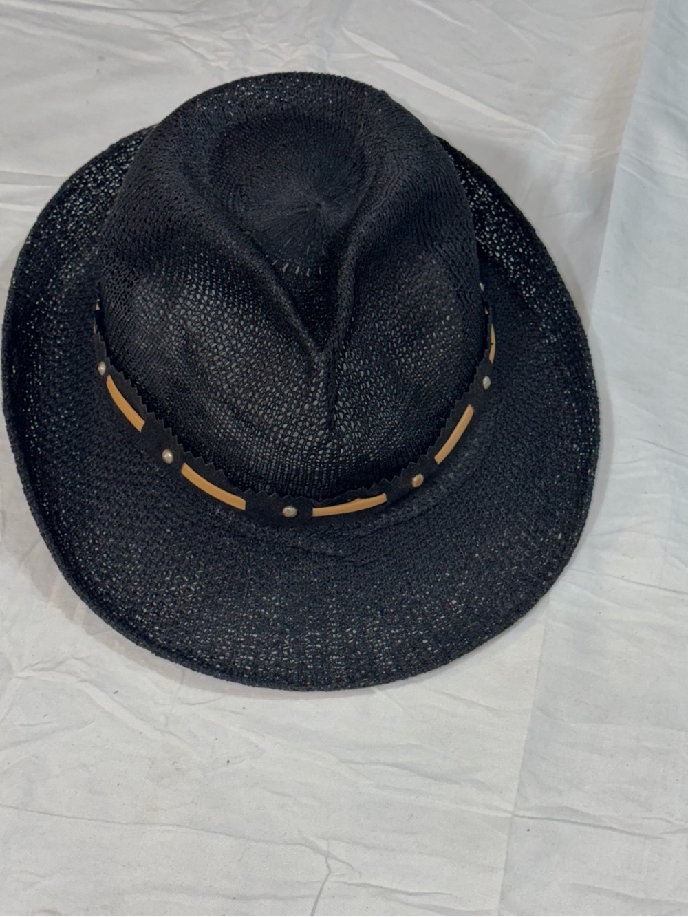 Black Woven Straw Fedora Hat Tan Studded Leather Band Western Cowboy Panama M L